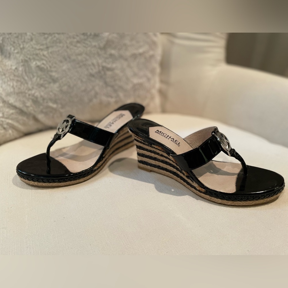 Michal Kors Black Wedge with Silver MK Detail Size 6M